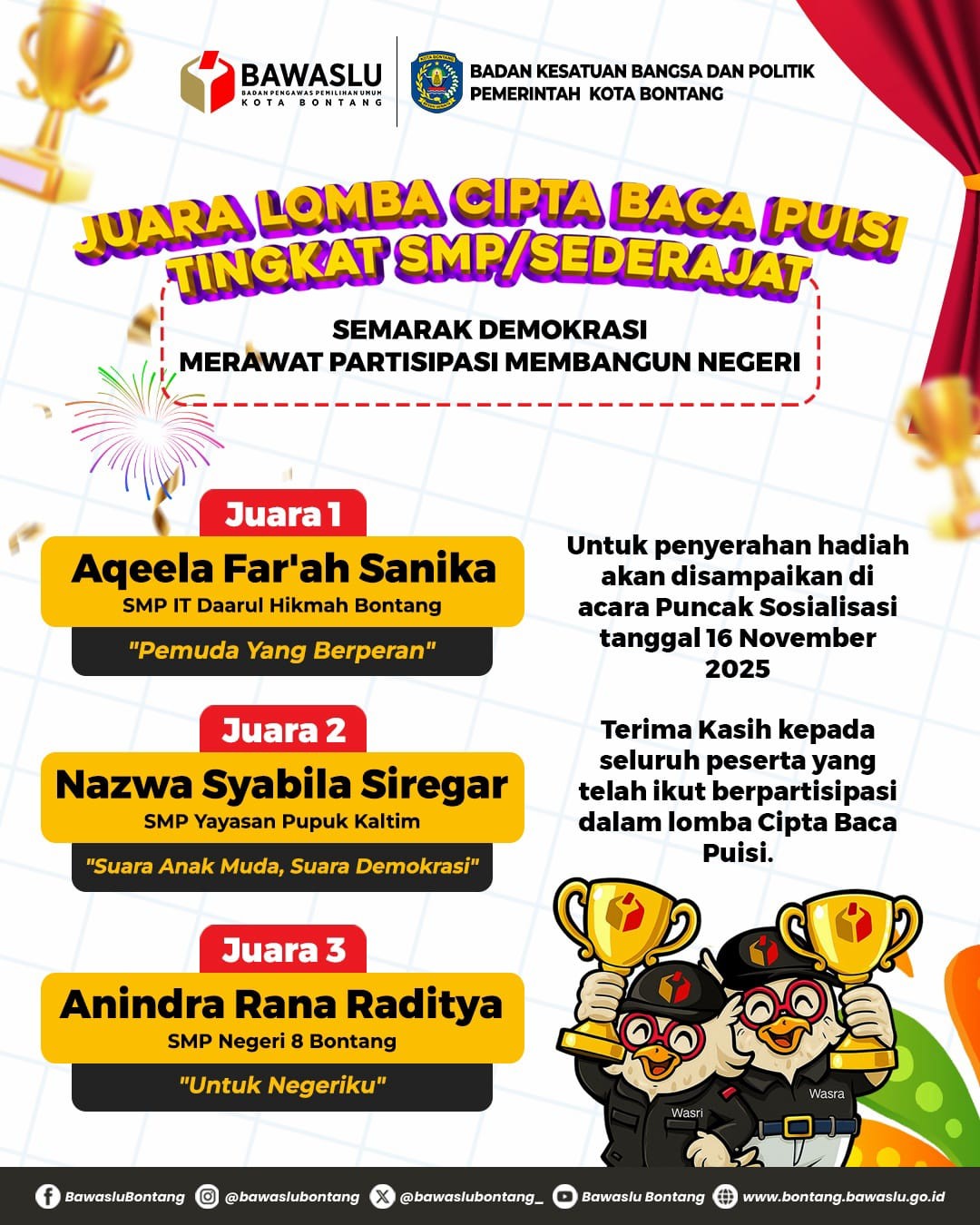 Pemenang Lomba Cipta Baca Puisi Tingkat SMP/Sederajat. Selamat atas pencapaiannya! Semoga ini menjadi motivasi untuk terus berkarya.