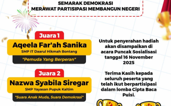 Pemenang Lomba Cipta Baca Puisi Tingkat SMP/Sederajat. Selamat atas pencapaiannya! Semoga ini menjadi motivasi untuk terus berkarya.